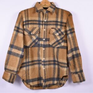 Vintage Wrangler Plaid Heavy Wool Shirt Tan Grey Western Size Small USA